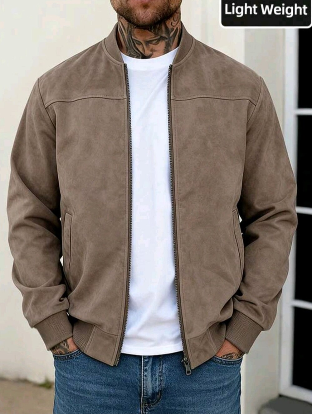 Lightweight Taupe Bomber Jacket - Men's Casual Zip Jacket